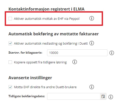 Aktiver automatisk mottak av EHF via Peppol.