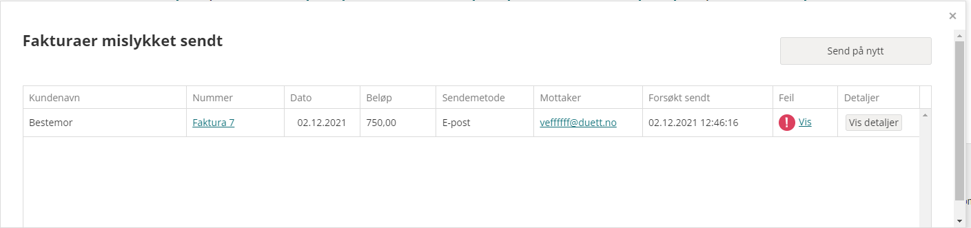 Fakturaer mislykket sendt detaljer